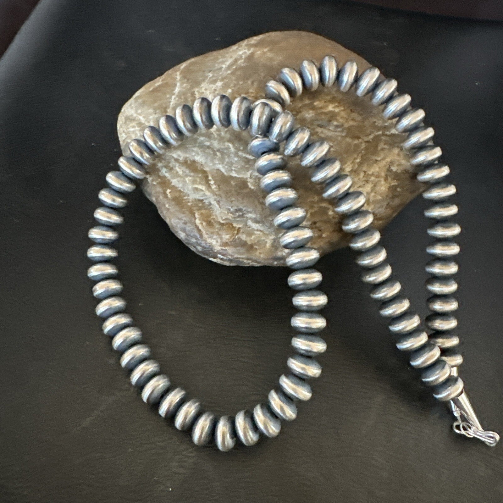 Native 8mm Saucer Sterling Silver Navajo Pearls 19" Hook Eye Cone Necklace 17823