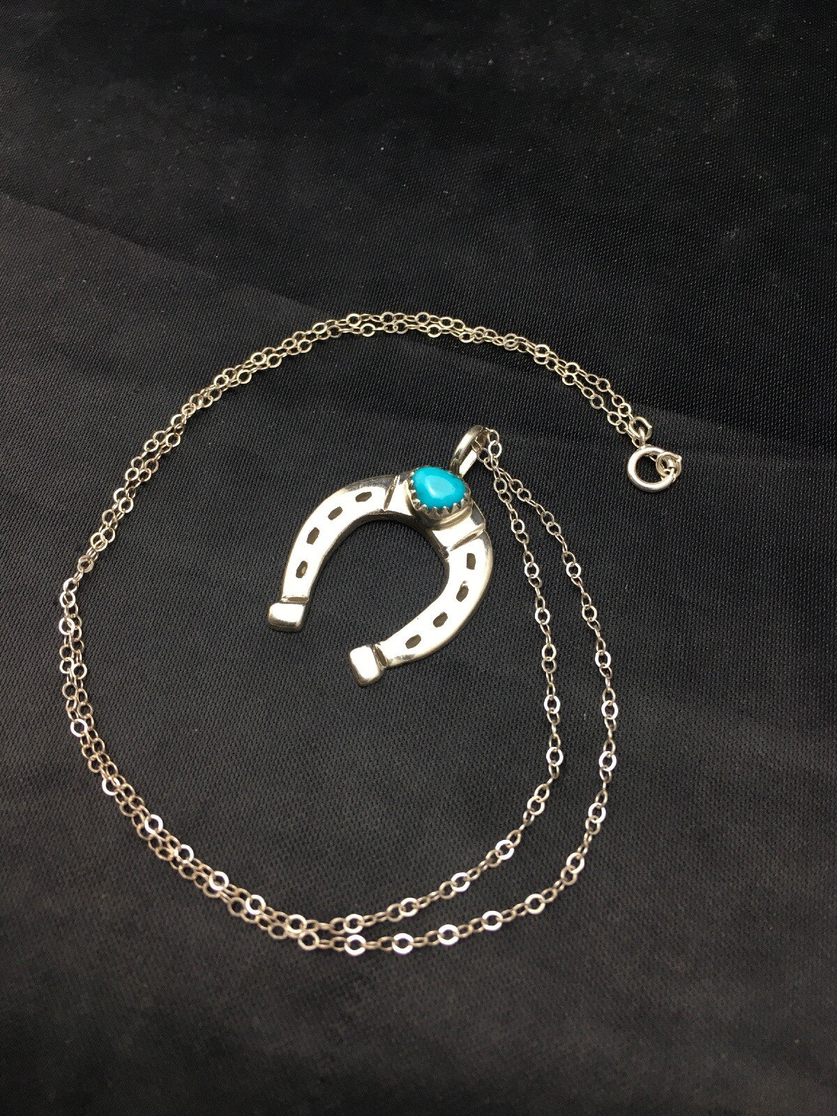 Navajo Sterling Silver Chain Blue Turquoise Naja Necklace Pendant 4466