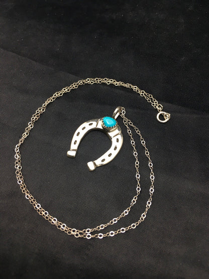 Navajo Sterling Silver Chain Blue Turquoise Naja Necklace Pendant 4466