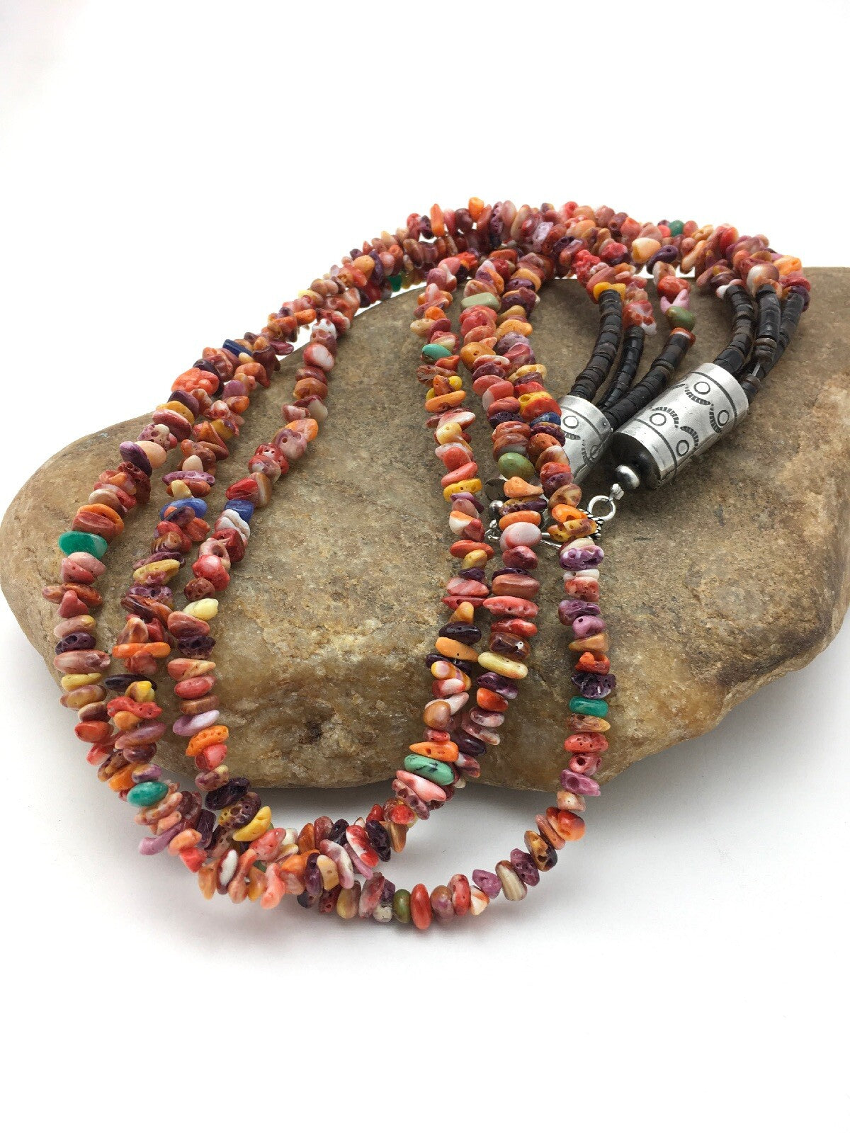 Spiny Oyster & Turquoise 3 Strand Navajo Indian Sterling Silver Necklace 4333