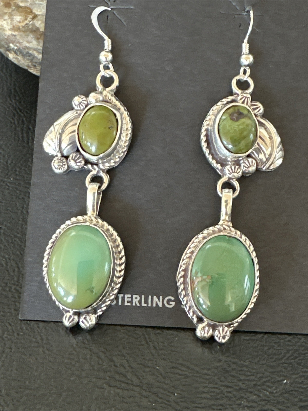 Native Navajo Green Turquoise Sterling Silver Dangle Earrings 2” 17694