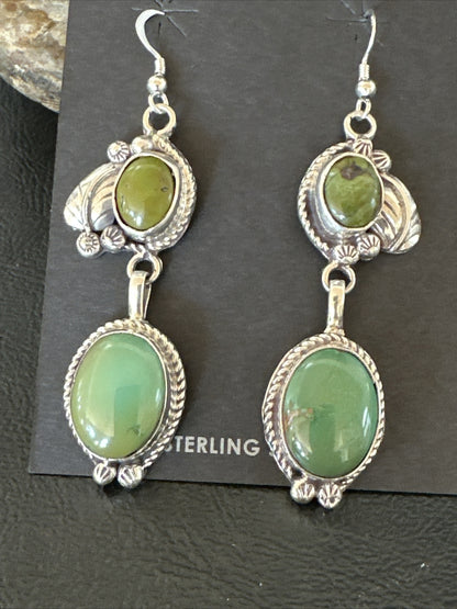 Native Navajo Green Turquoise Sterling Silver Dangle Earrings 2” 17694