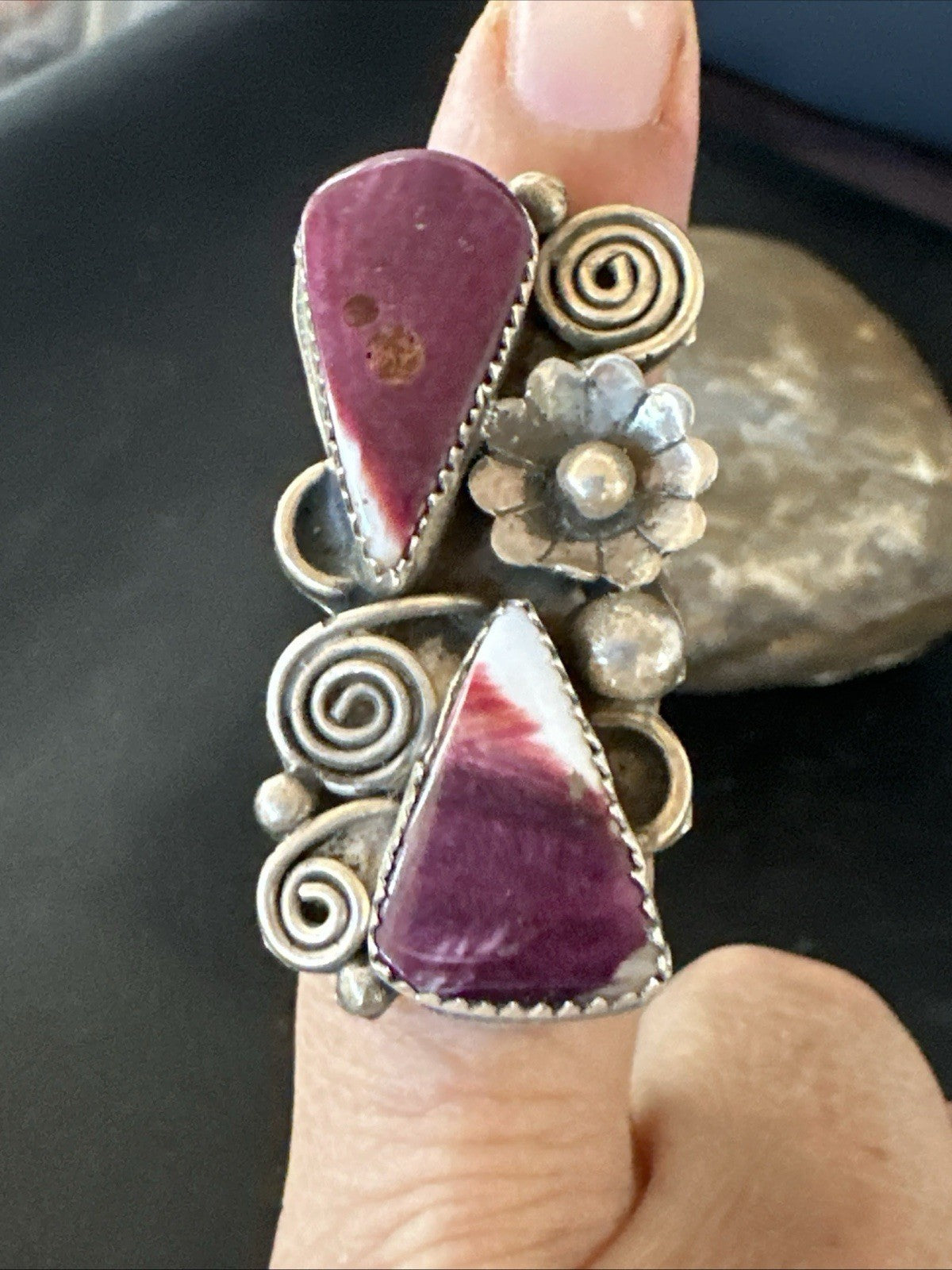 Cluster Purple Spiny Oyster Navajo Sterling Silver Ring Sz 7.5 19764