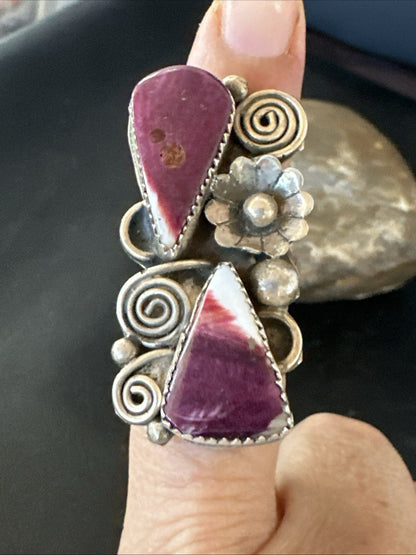 Cluster Purple Spiny Oyster Navajo Sterling Silver Ring Sz 7.5 19764