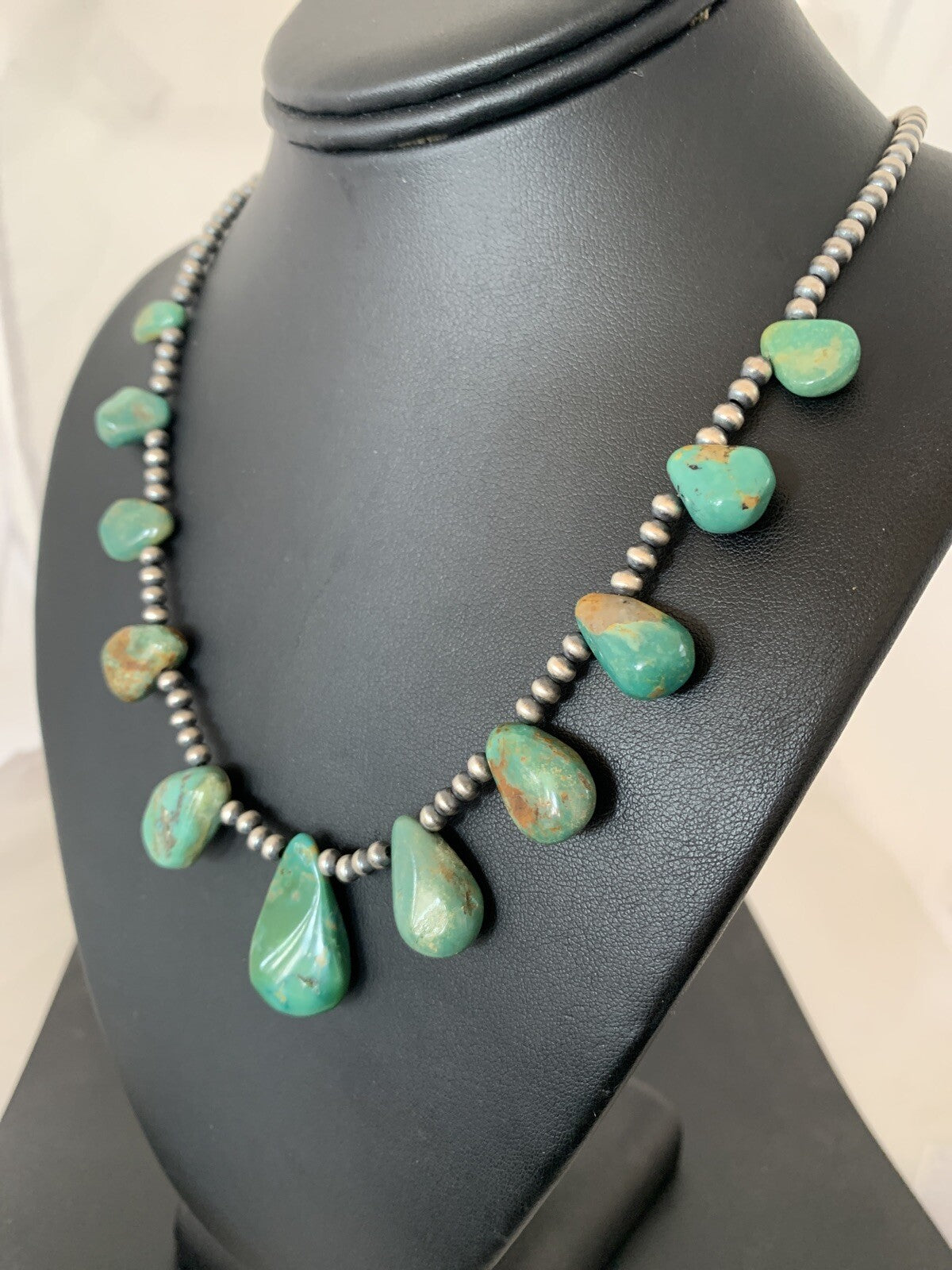 Native Navajo Pearls Sterling Silver Green Royston Turquoise Necklace