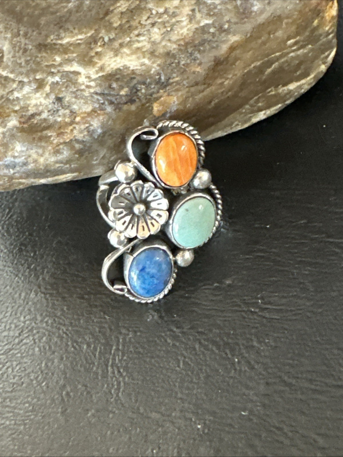 Multicolor Ring Turquoise Spiny Navajo Sterling Silver Cluster Size 8.5 19189