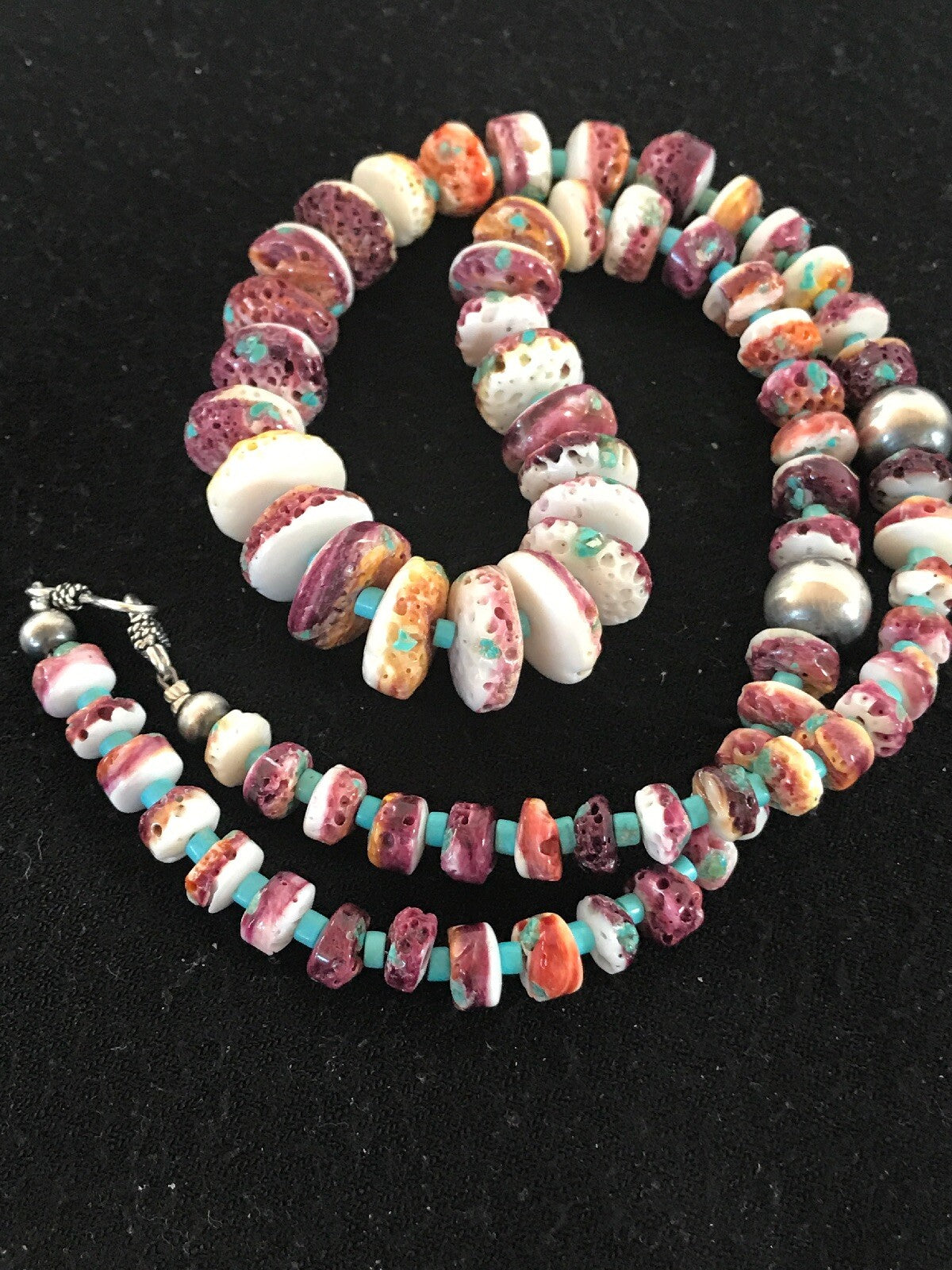 Purple Spiny Oyster & Turquoise Bead Navajo Sterling Silver Necklace 08439