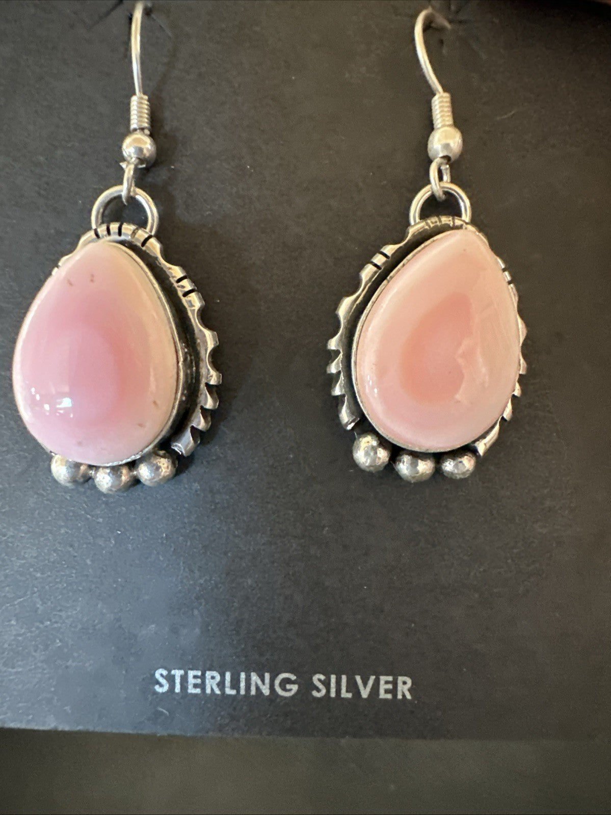Yazzie Pink Queen Conch Navajo Sterling Silver Dangle Earrings 19324