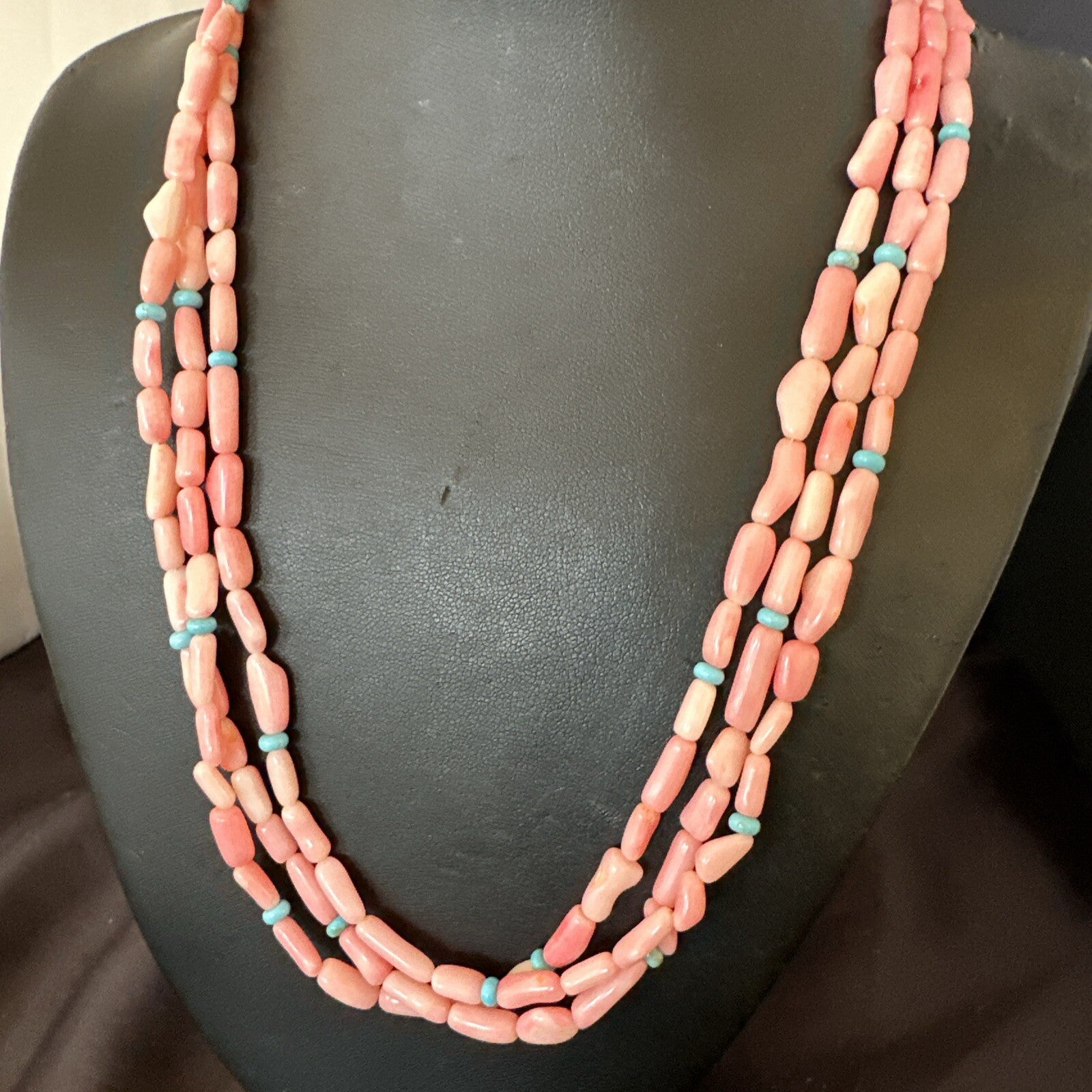 Native American Turquoise Pink Coral Sterling Silver 3 Strand Necklace 21" 17815