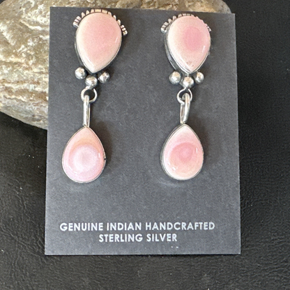 Yazzie Pink Queen Conch Navajo Sterling Silver Post Dangle Earrings 19796