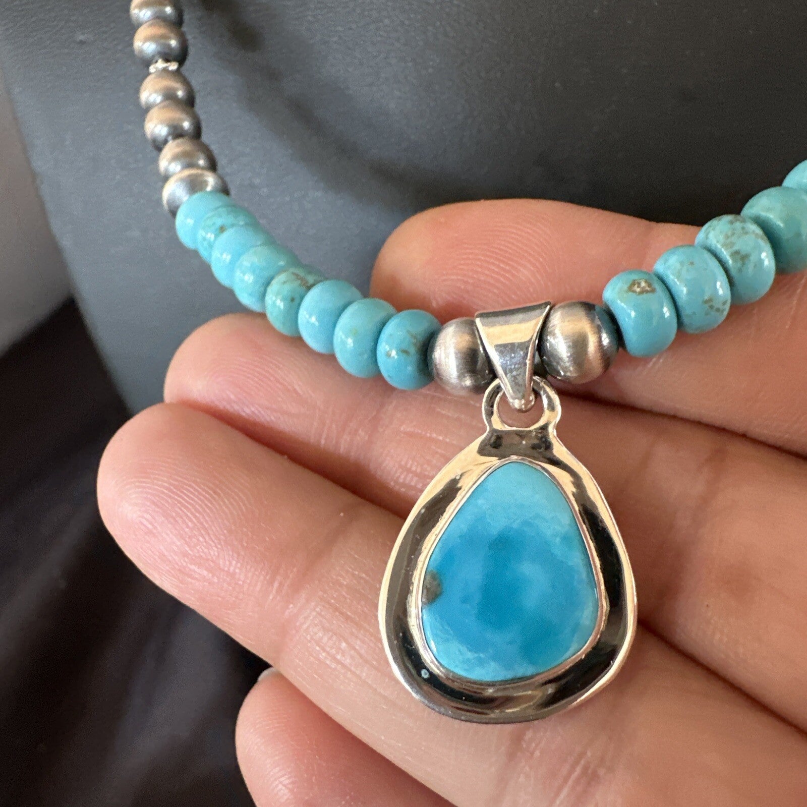 WoMens Blue Kingman Turquoise Pendant Navajo Sterling Silver Necklace 21" 17965