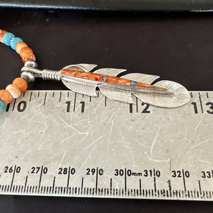 Feather Orange Spiny Opal Pendant Sterling Silver Turquoise Necklace 21” 18672