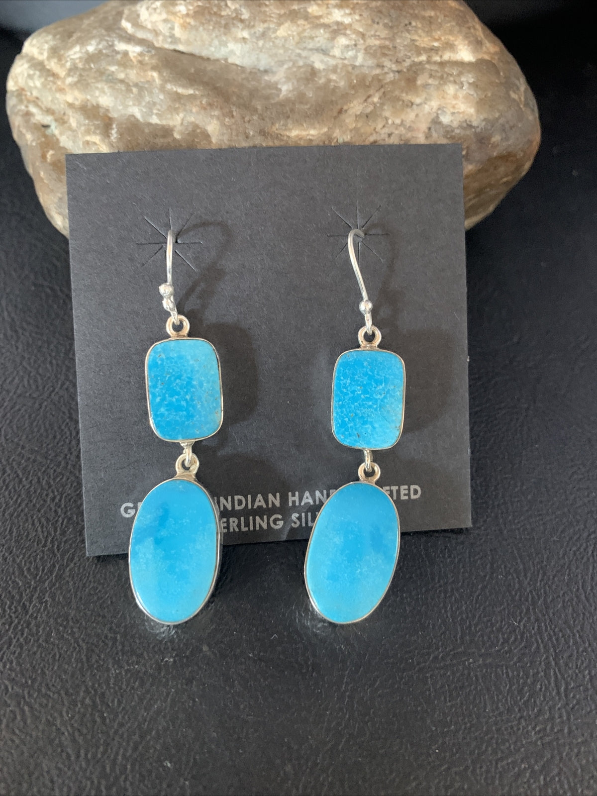 Blue Kingman Turquoise Navajo Sterling Silver Dangle Earrings 14079