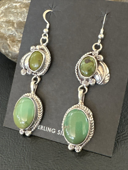 Native Navajo Green Turquoise Sterling Silver Dangle Earrings 2” 17694