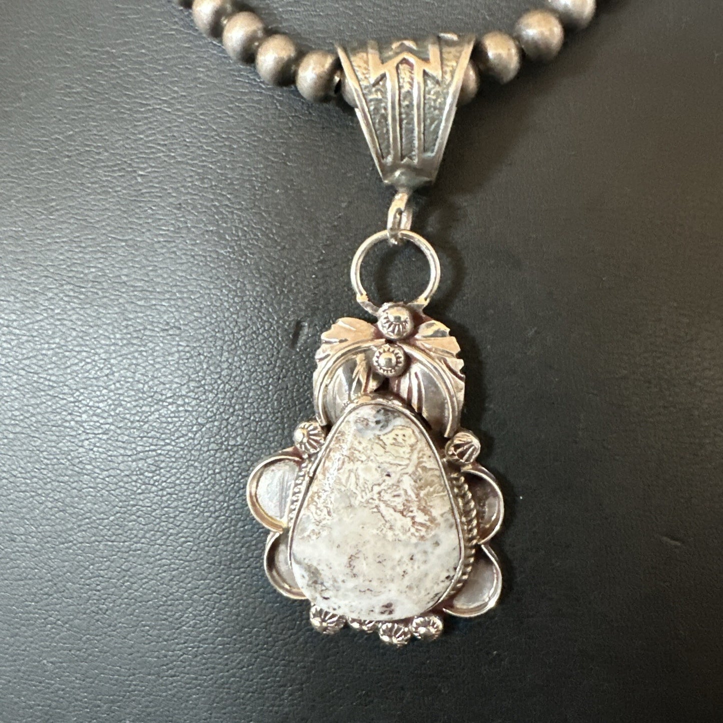 White Buffalo Turquoise Pendant  Sterling Silver Beads Necklace 17986