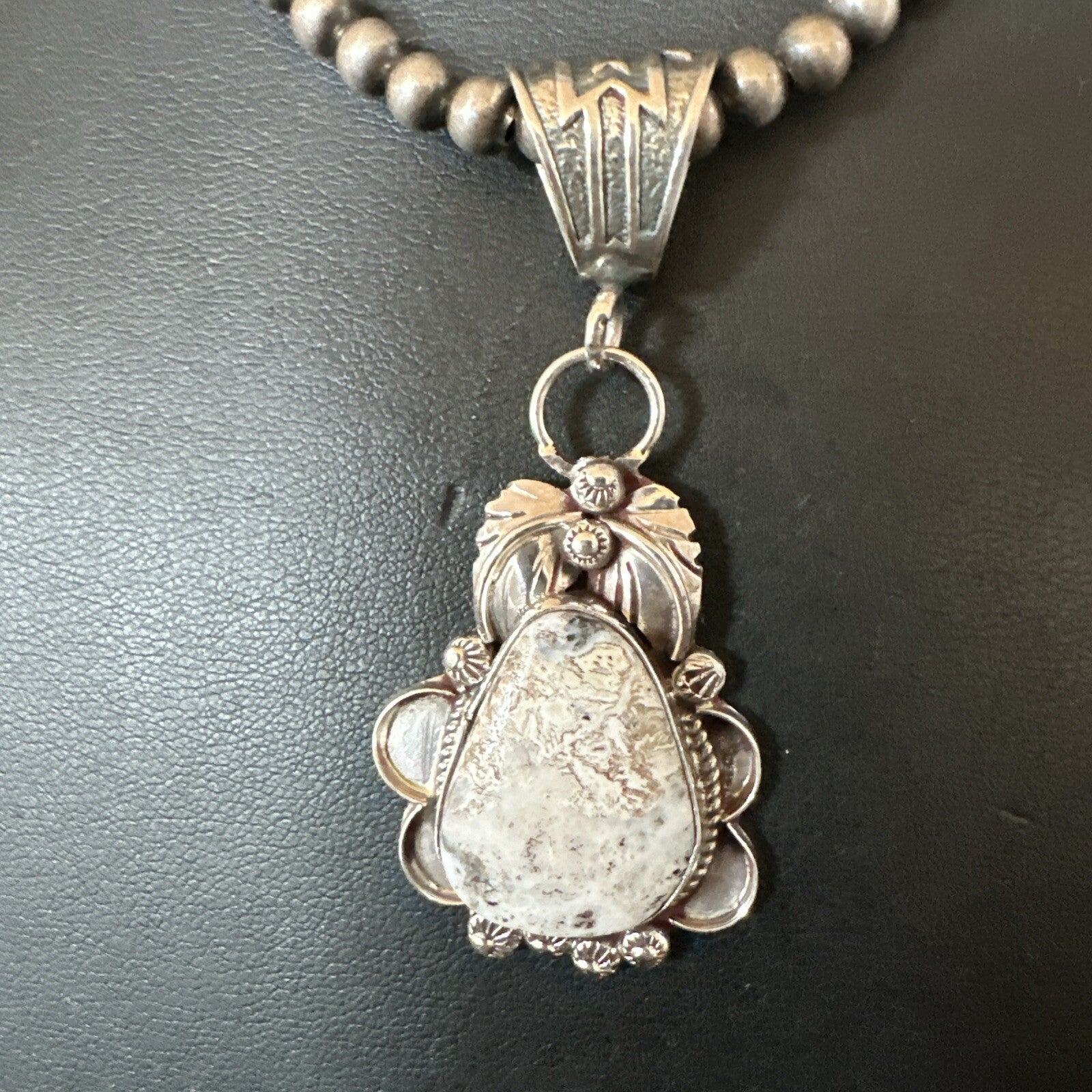 White Buffalo Turquoise Pendant  Sterling Silver Beads Necklace 17986