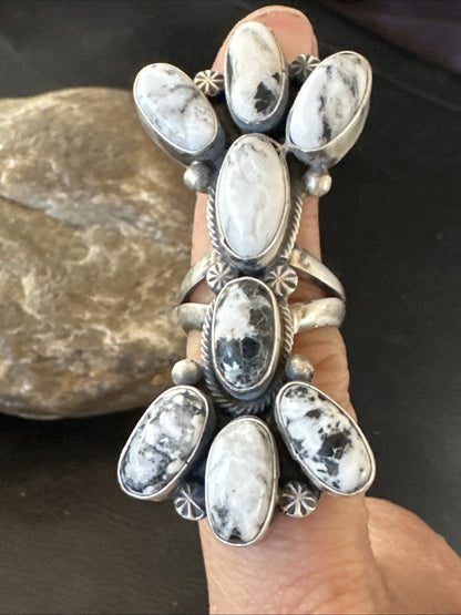 White Buffalo Turquoise Navajo Sterling Silver Cluster Ring Size 6.5 18623