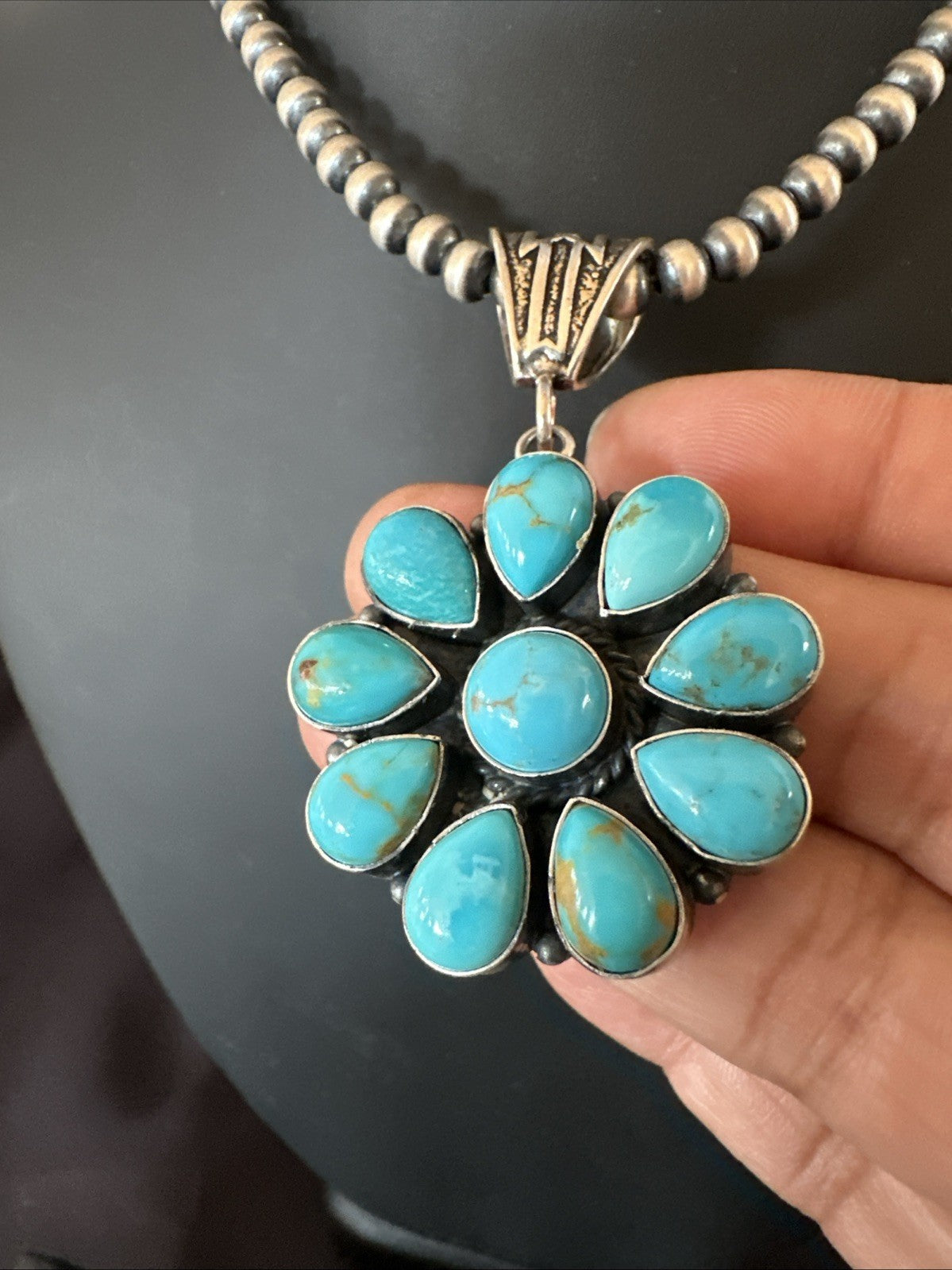 Blue Turquoise Navajo Sterling Silver Cluster Round Pendant Necklace 2”19303