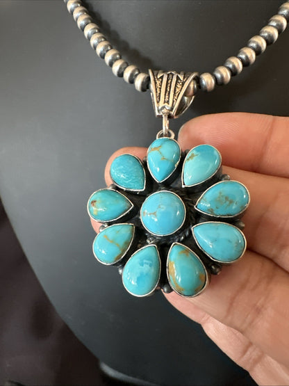 Blue Turquoise Navajo Sterling Silver Cluster Round Pendant Necklace 2”19303
