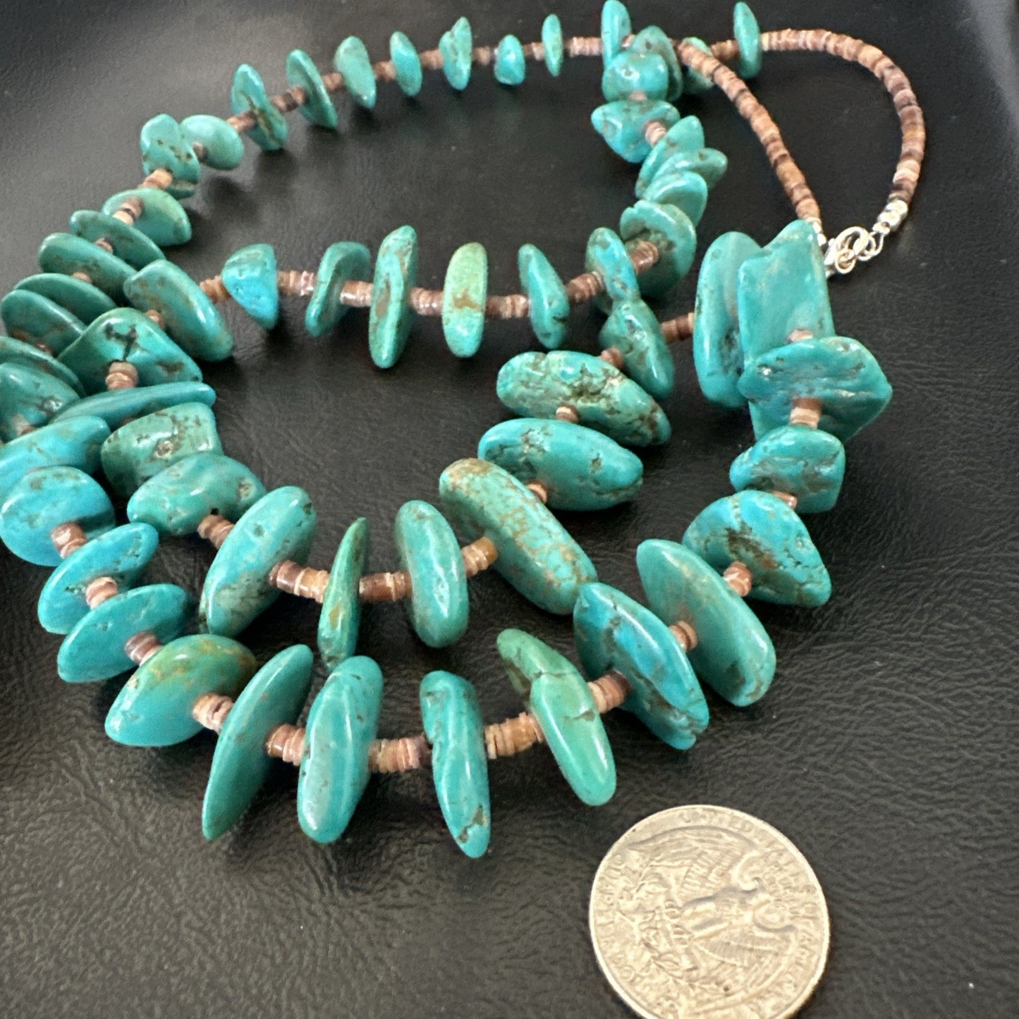 XL Navajo Kingman Turquoise Shell Heishi Sterling Silver Bead 35” Necklace 19634