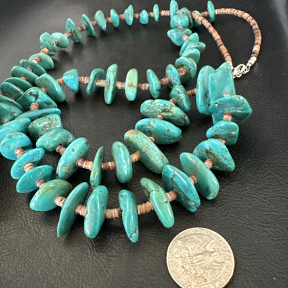 XL Navajo Kingman Turquoise Shell Heishi Sterling Silver Bead 35” Necklace 19634