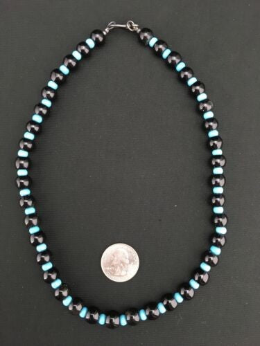 Navajo Black Onyx & Turquoise Bead Necklace Sterling Silver 18" 4882