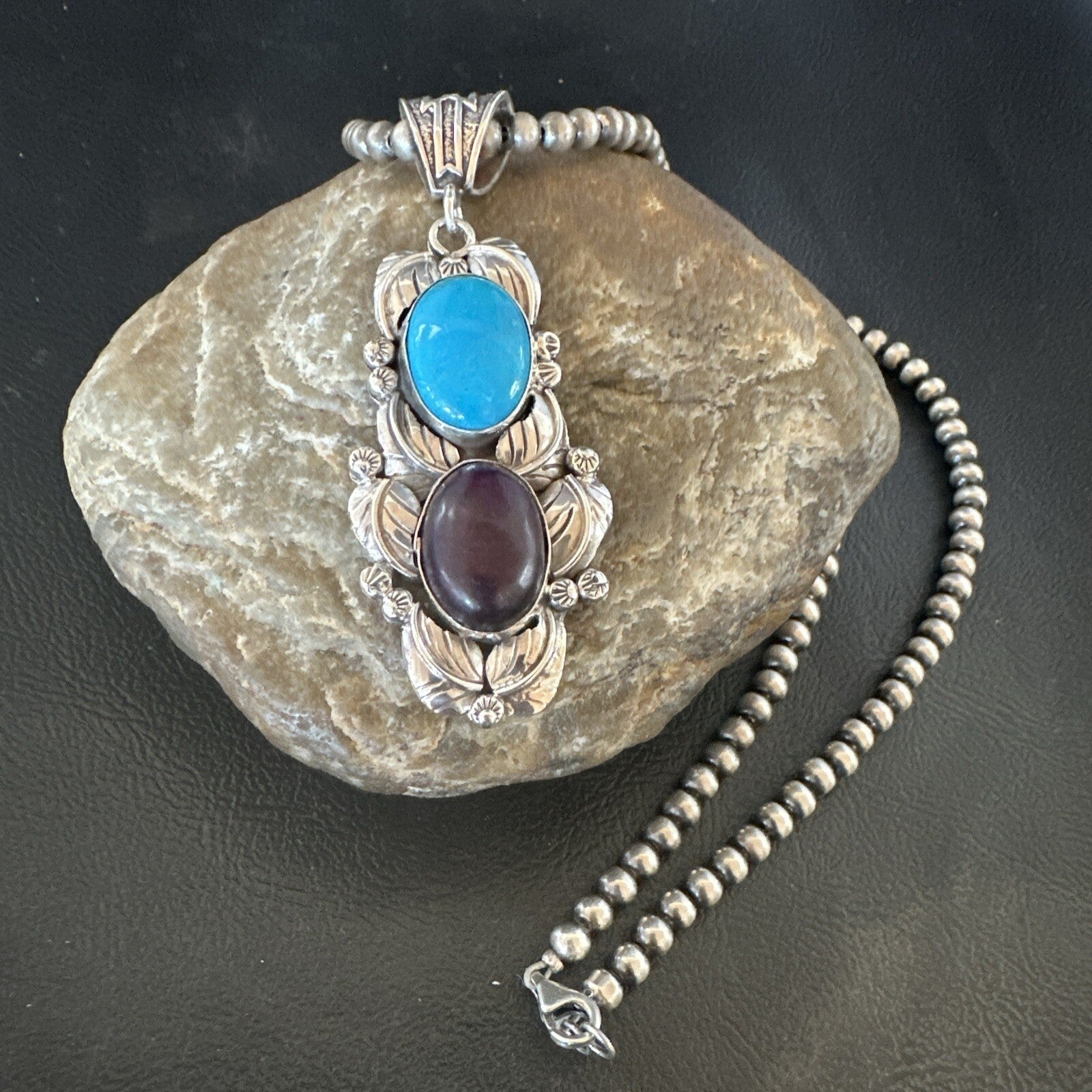 Blue Kingman Turquoise  Purple Stone Pendant Navajo Sterling Silver 18039