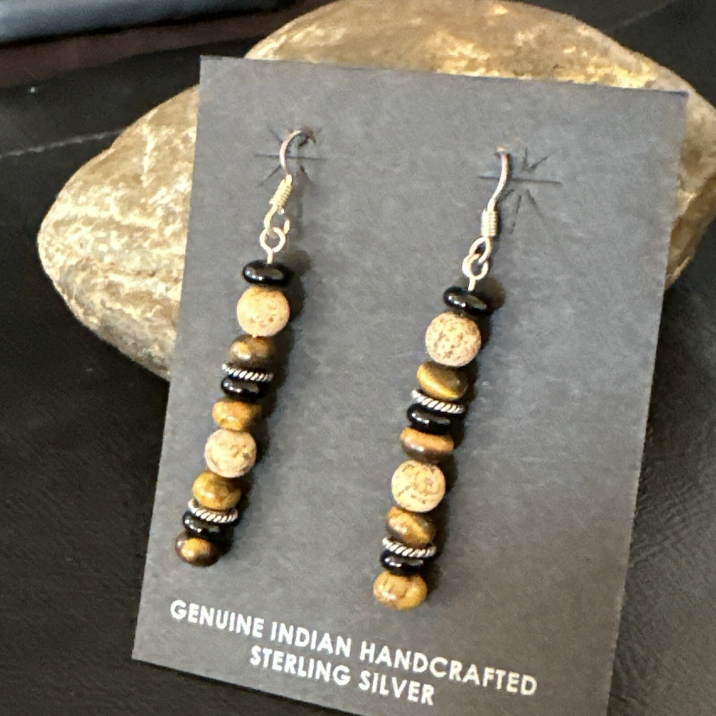 Navajo Sterling Silver Tigers Eye Picture Jasper Onyx Dangle Earrings 18721