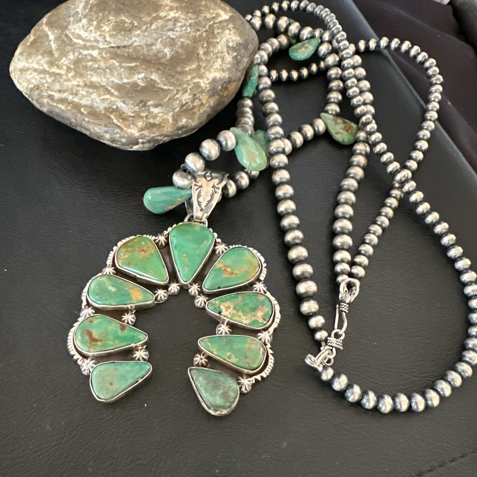 Mens Green Turquoise Naja Pendant Navajo Sterling Silver Necklace 28" 17380