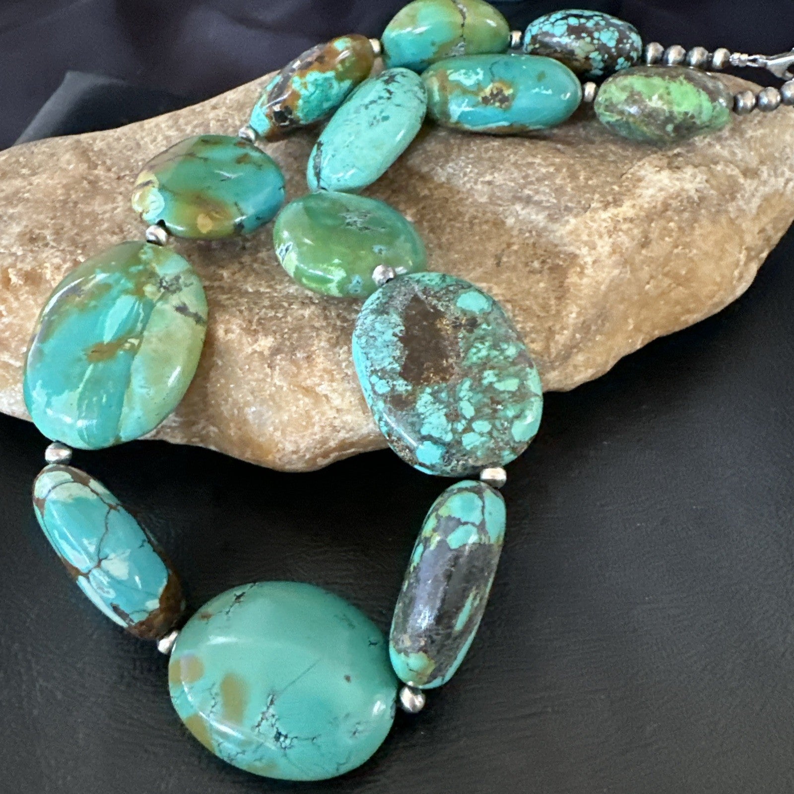Blue Green Turquoise Nugget Chunky Navajo Sterling Silver Necklace 20” 19250