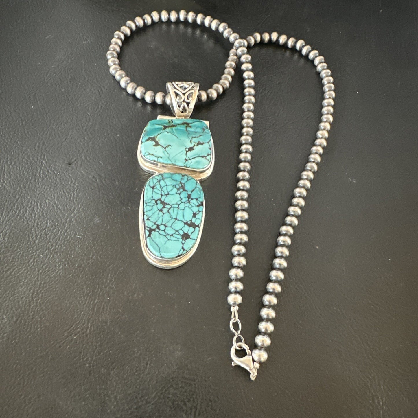 Blue Spiderweb Turquoise Pendant Navajo Pearls Sterling Silver Necklace 16008