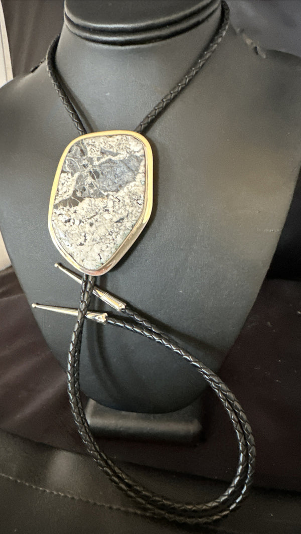 Men's BOLO TIE WHITE BUFFALO TURQUOISE Navajo 3" | Sterling Silver | Authentic Native American Handmade | 15004