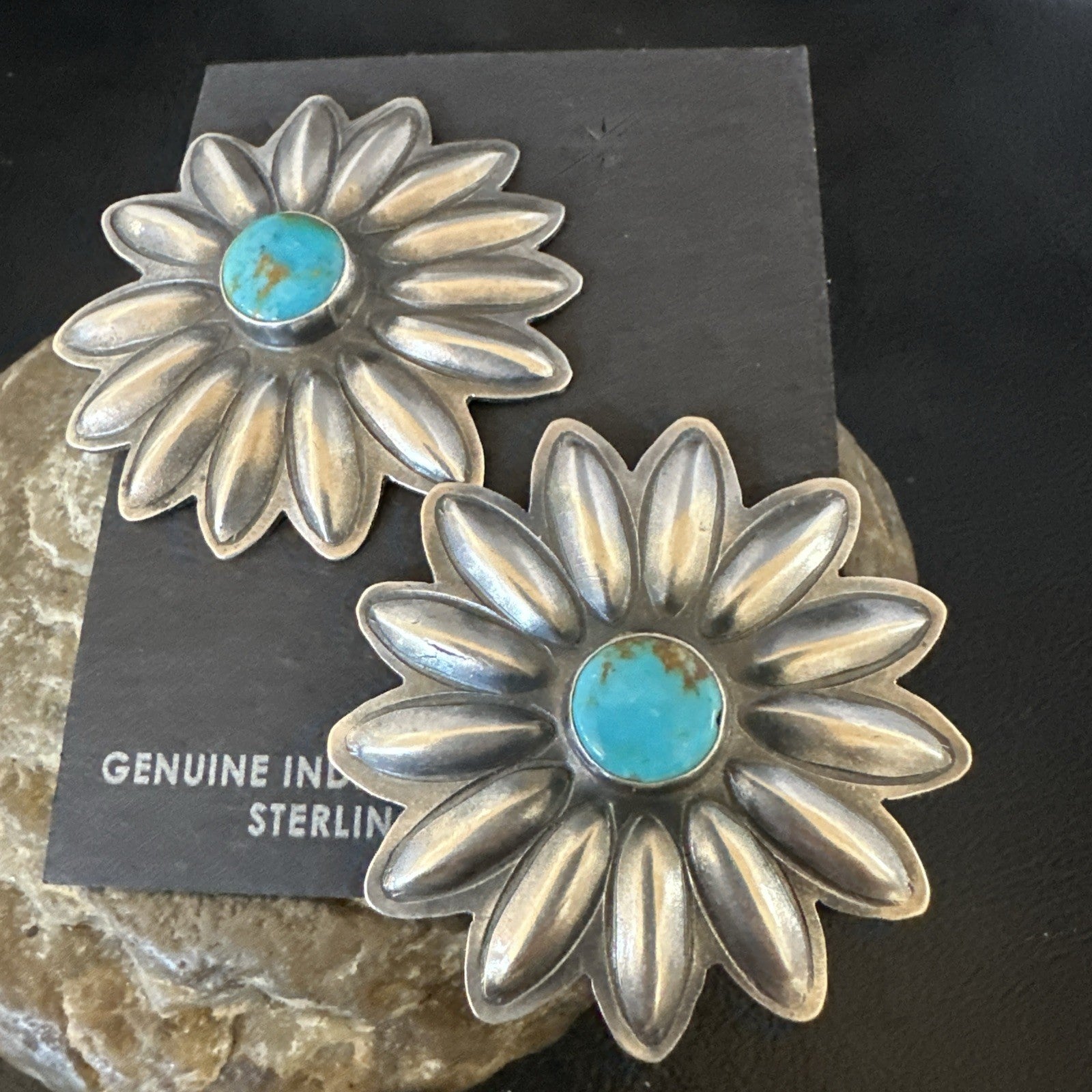 Navajo Blue Turquoise Sterling Silver Stamped Flower Earrings 19083