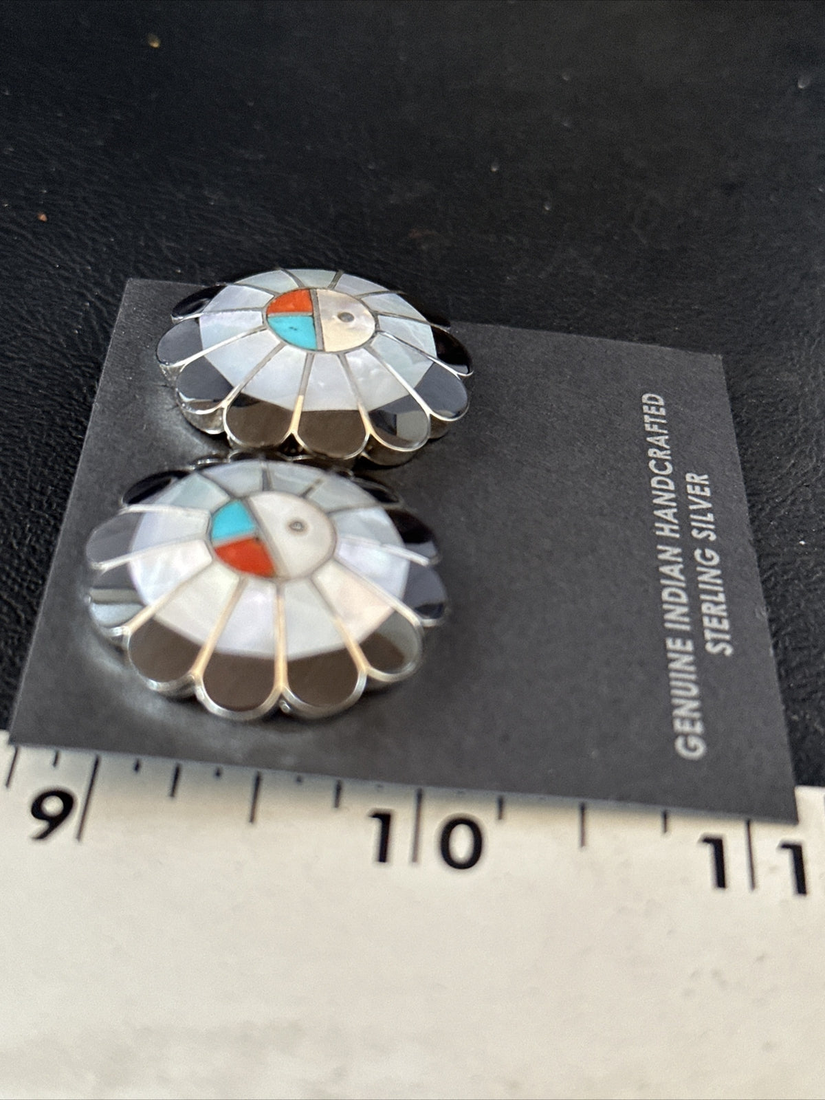 Coral Turquoise Onyx Abalone Zuni Sterling Silver Sunface Inlay Earrings 14769