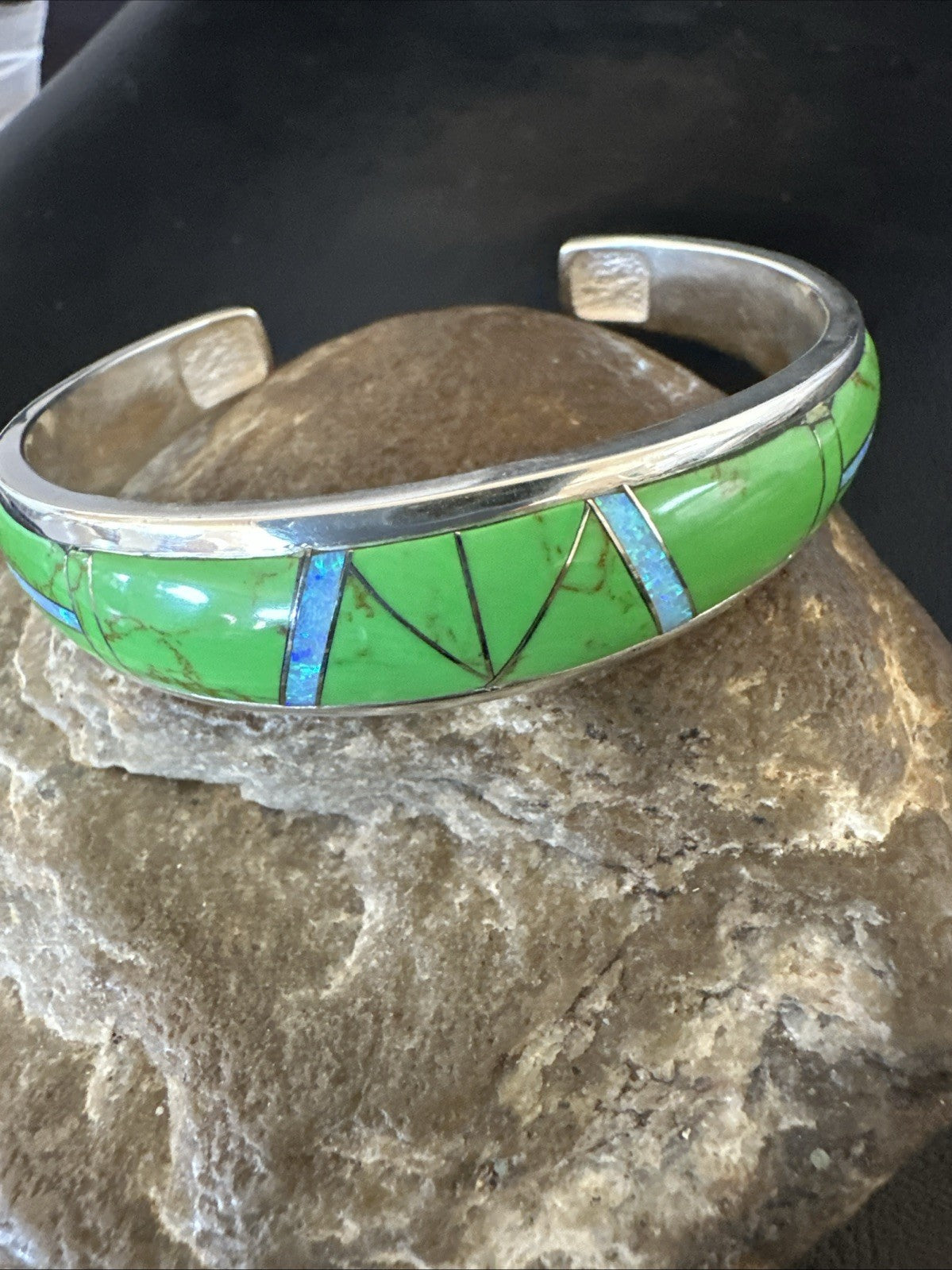 Womens Green Gaspeite Inlay Cuff Bracelet 7.05” Sterling Silver 19153