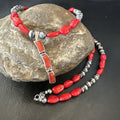 Red Coral Pendant Navajo Pearls Necklace 23" | Sterling Silver | Authentic Native American Handmade | 18363