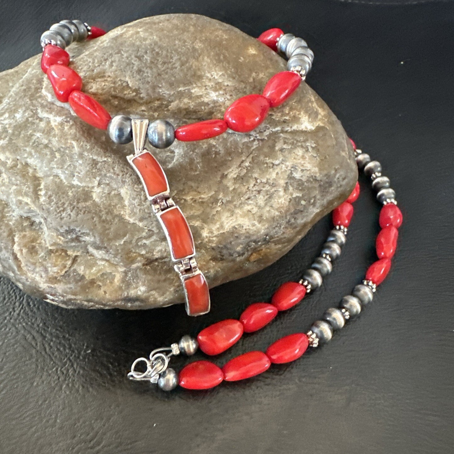 Red Coral Pendant Navajo Pearls Sterling Silver Necklace 23" 18363