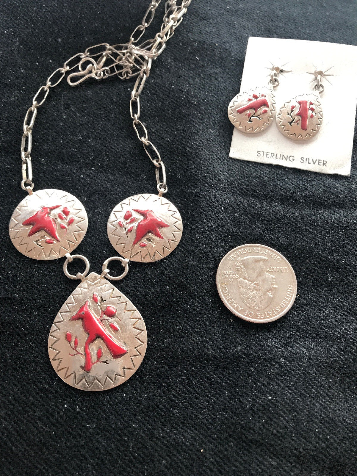 Coral Pendant Zuni Sterling Silver Cardinal Old Pawn Necklace Earrings 01133N