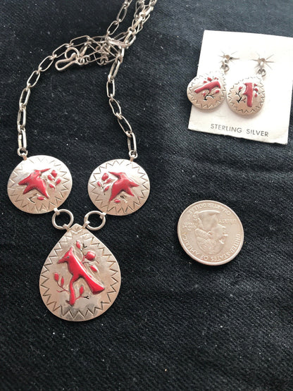 Coral Pendant Zuni Sterling Silver Cardinal Old Pawn Necklace Earrings 01133N