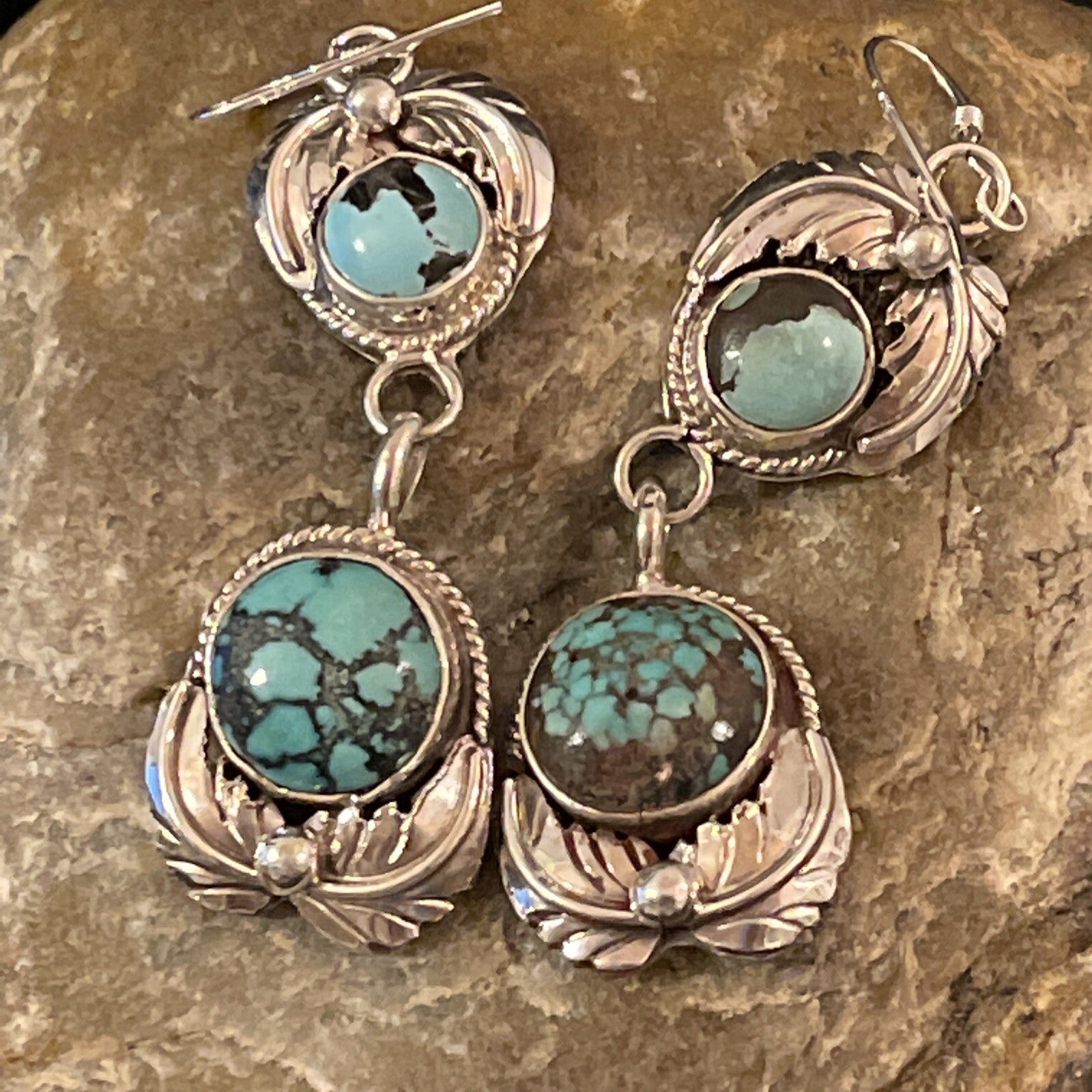 Womens Blue Spider Web Turquoise Navajo Sterling Silver Dangle Earrings 1238