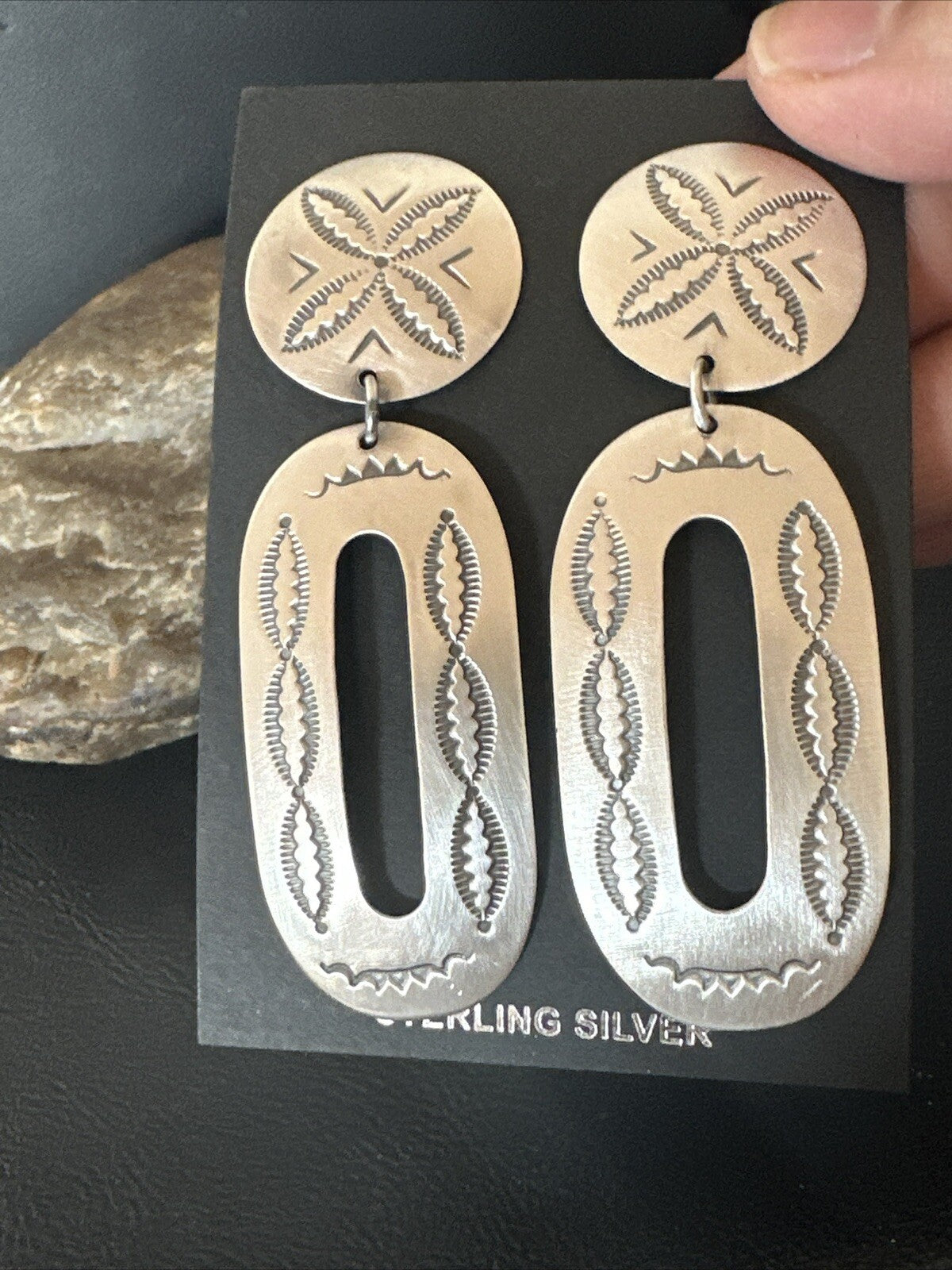 Popular Navajo Stamped Sterling Silver Stamped Handmade Earrings 2.75" 17857
