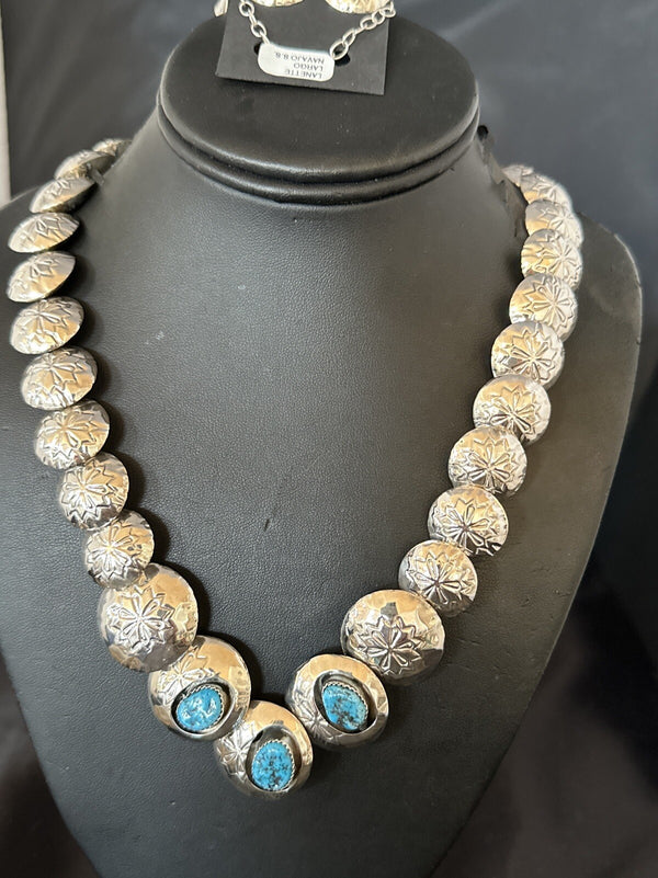 Kingman Turquoise Pillow Bead Navajo Necklace Earrings 24" | Sterling Silver | Authentic Native American Handmade | 17768