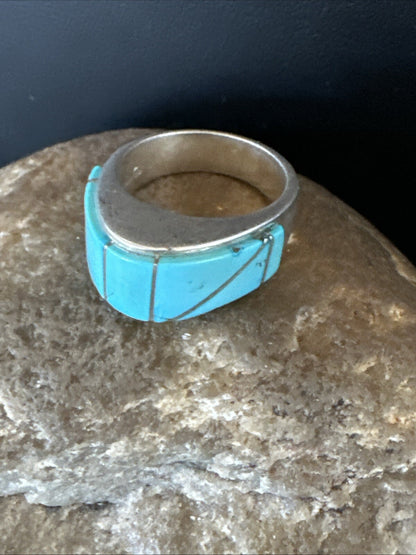 Blue Turquoise Native Navajo Sterling Silver Inlay Band Ring Size 7 18814
