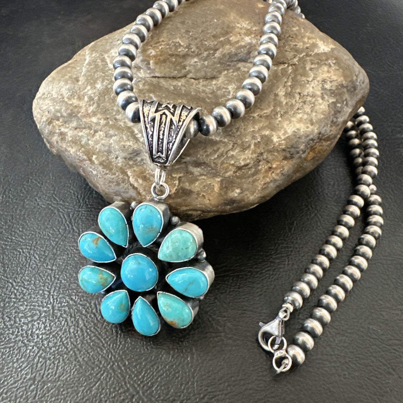 Blue Turquoise Navajo Sterling Silver Cluster Round Pendant Necklace 2”19316