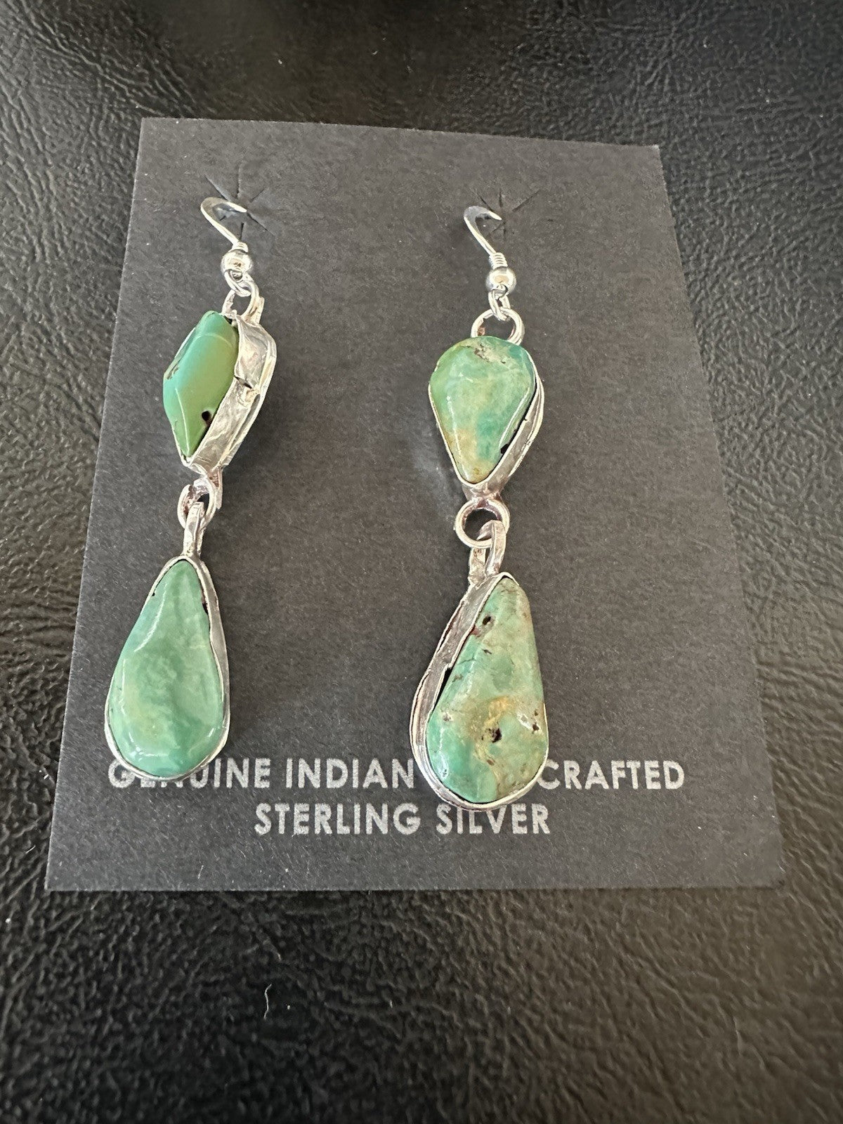 Green Royston Turquoise Navajo Sterling Silver Dangle Earrings 19380