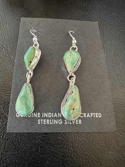 Green Royston Turquoise Navajo Sterling Silver Dangle Earrings 19380