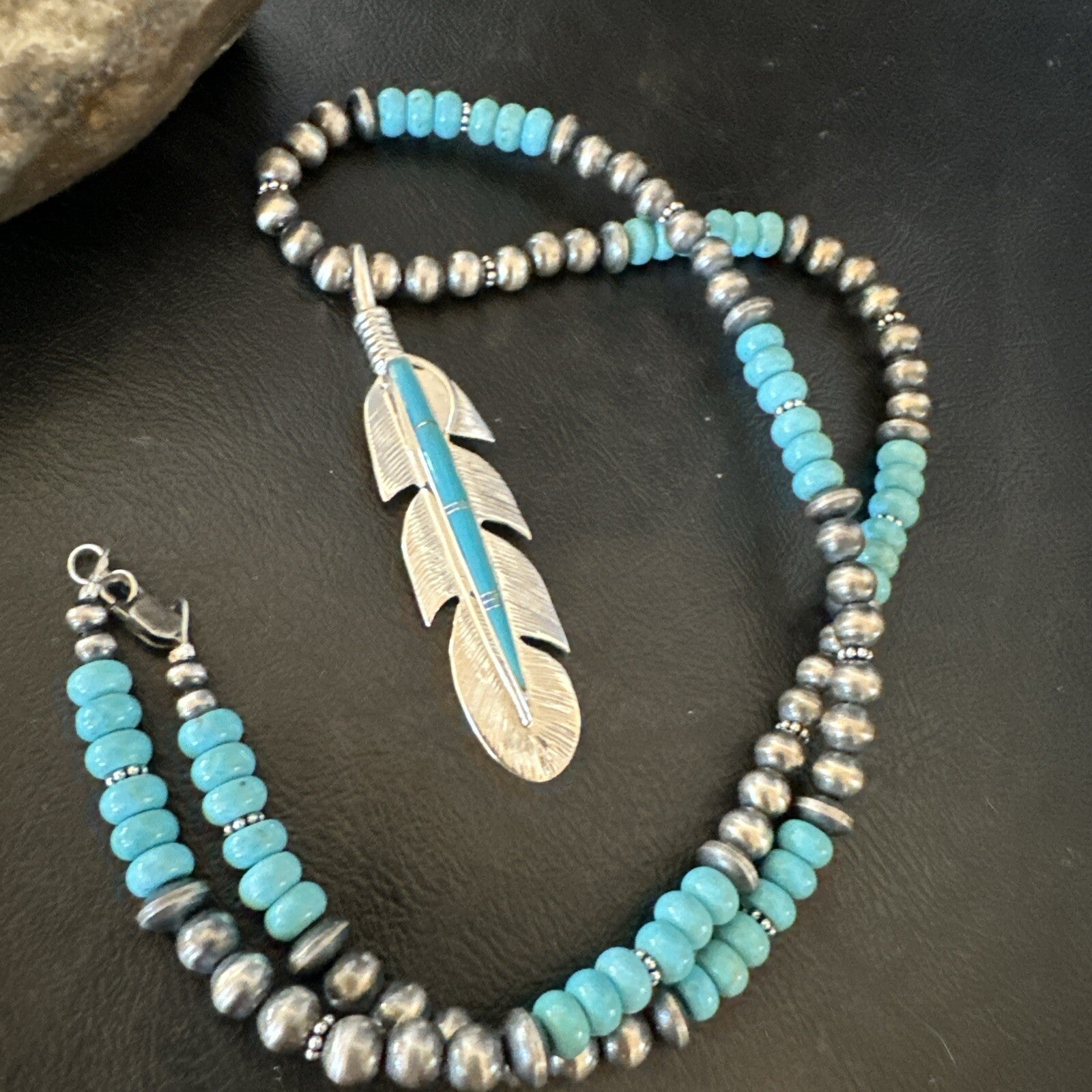 Mens Feather Turquoise Pendant Navajo Sterling Silver Beads Necklace 22" 18669