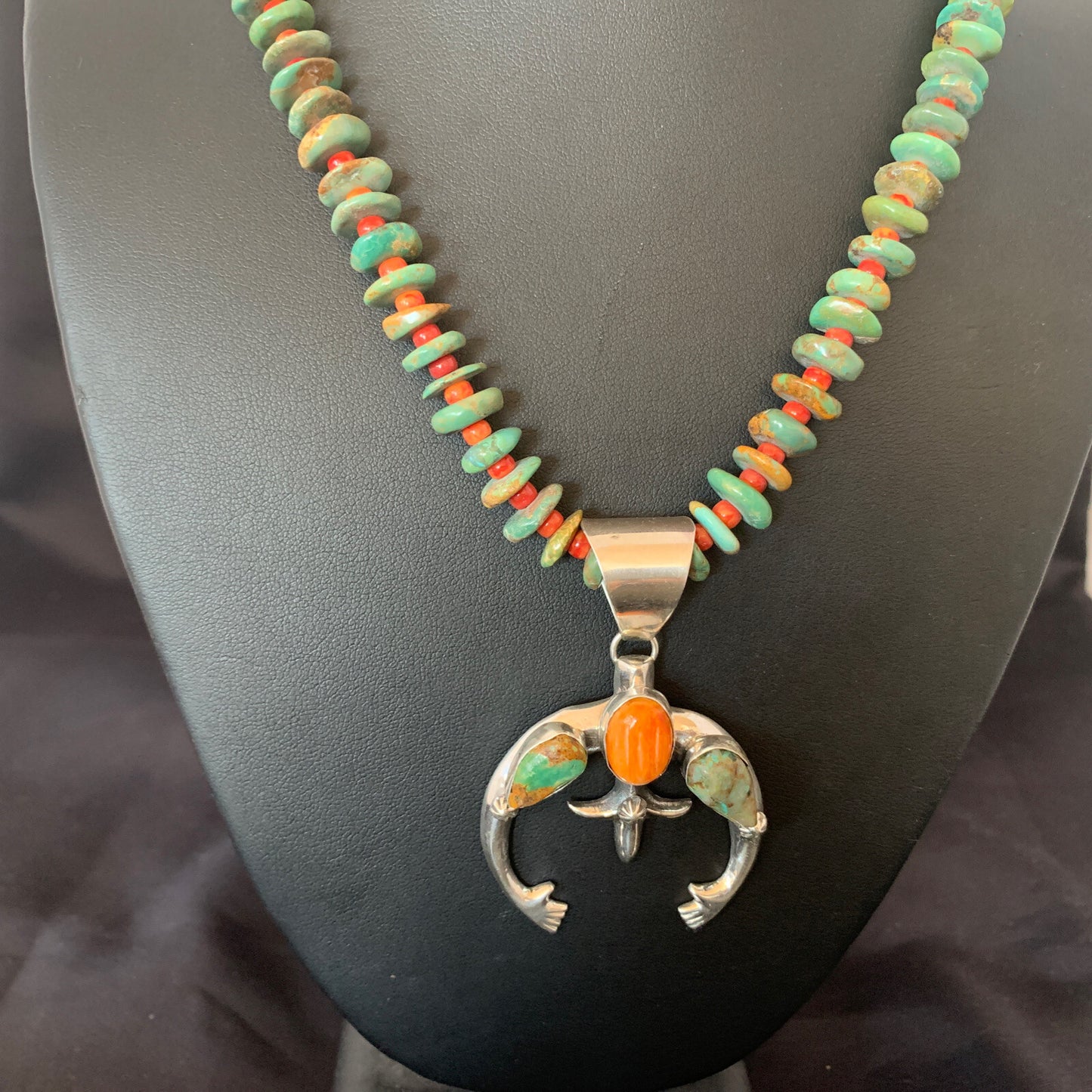 Blue Turquoise Spiny Oyster Naja Pendant Navajo Sterling Silver Necklace 10255