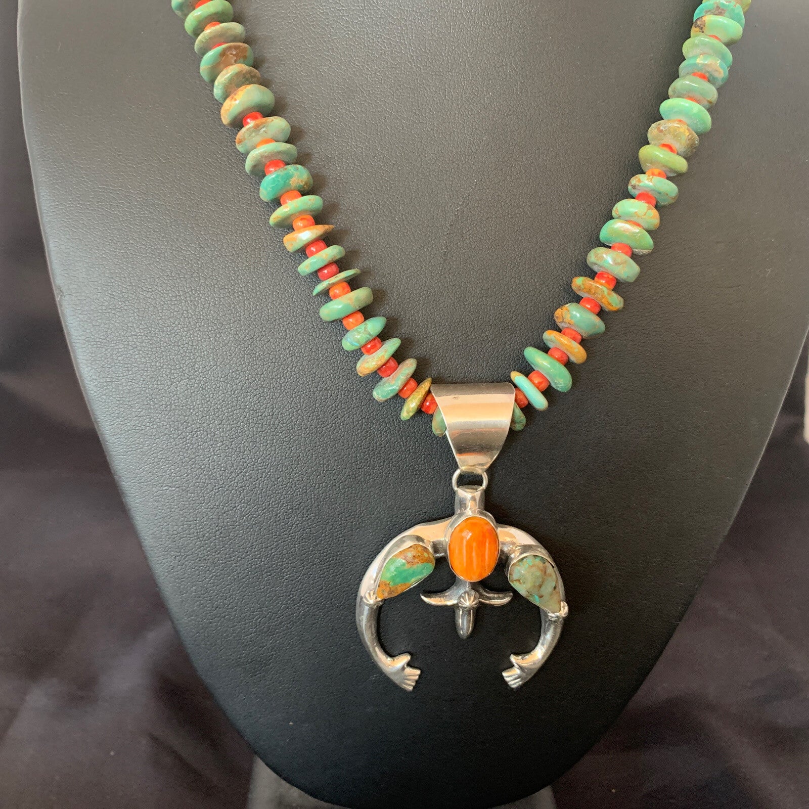 Blue Turquoise Spiny Oyster Naja Pendant Navajo Sterling Silver Necklace 10255