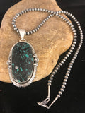 Green SpiderWeb Turquoise Pendant Navajo Pearls Necklace | Sterling Silver | Authentic Native American Handmade | 1329